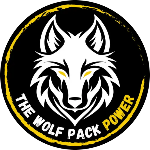 The Wolf Pack Power Community emblem, a white wolf on a black and gold badge